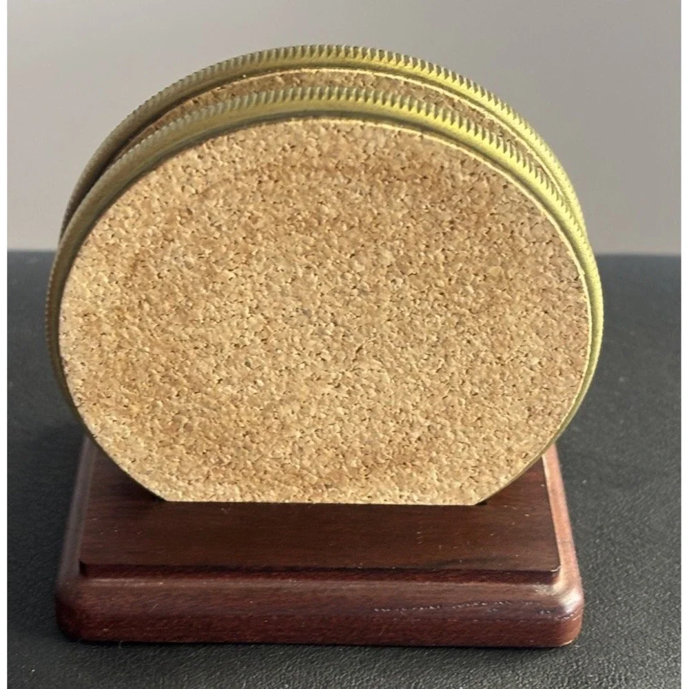 2 Piece Set of Vtg Asian Chinese Character Brass Detail Coasters w Wood Holder